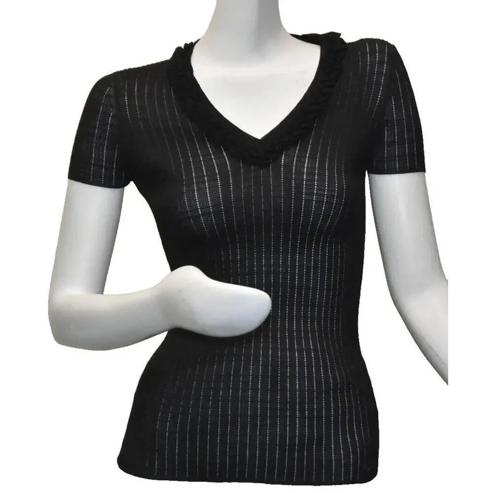 2009 CHANEL 09P Black Rib Knit Top V-Neck Shirt FR-34 US-2 Cotton Short Sleeve
